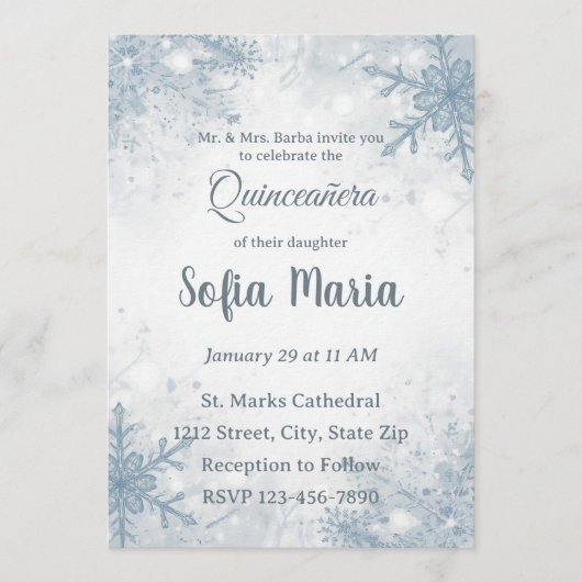 Invitation pour Quinceañera d'hiver – Flocons de n (Devant)