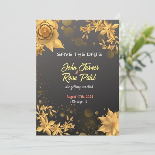 Invitation pour sauvegarder la date Fleur dorée fo (Debout devant)