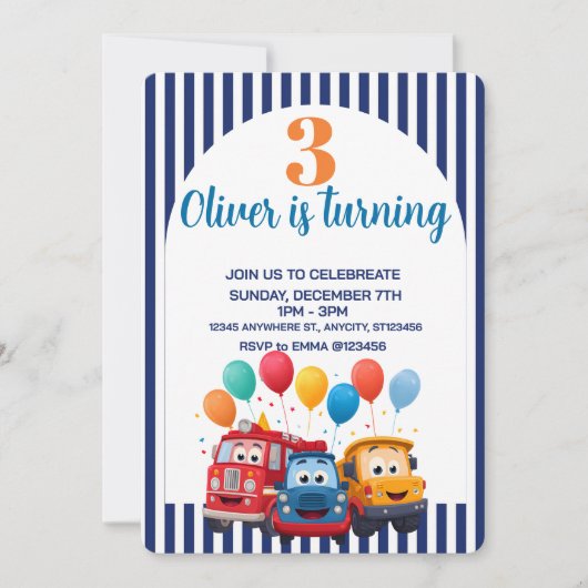 Invitation pour thème d'anniversaire avec camion r (Devant)