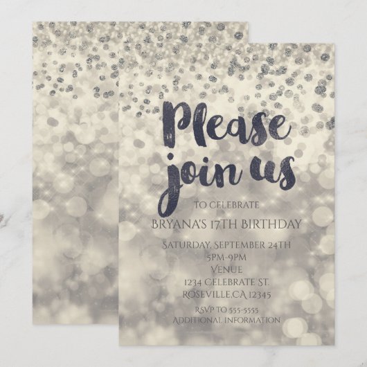 Invitation pour toute fête avec confettis scintill (Devant / Derrière)