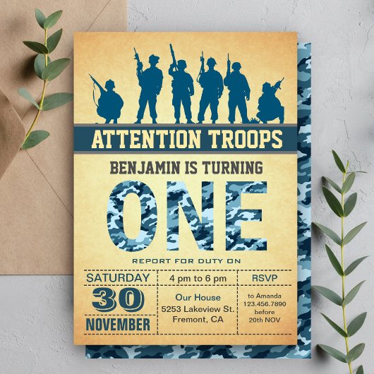 Invitation pour un premier anniversaire avec camou