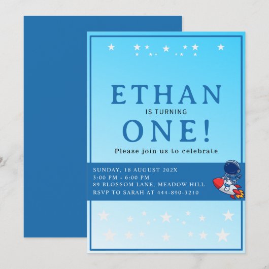 Invitation pour un premier anniversaire dans l'esp (Devant / Derrière)