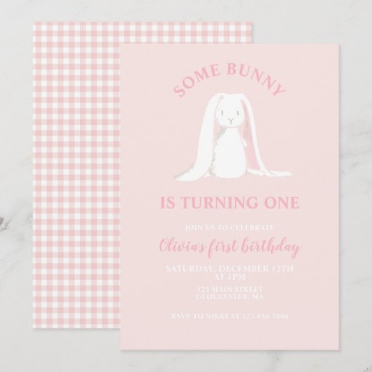 Invitation pour un premier anniversaire rose avec  (Devant / Derrière)