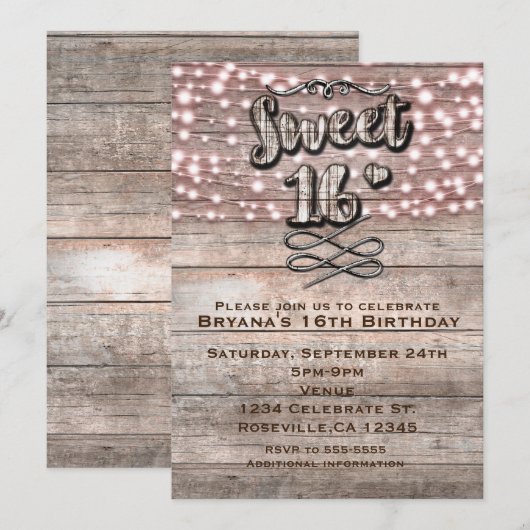 Invitation pour un Sweet 16 avec bois rustique pat (Devant / Derrière)