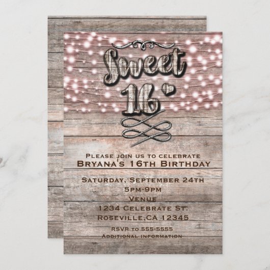 Invitation pour un SWEET 16 en bois rustique patin (Devant / Derrière)