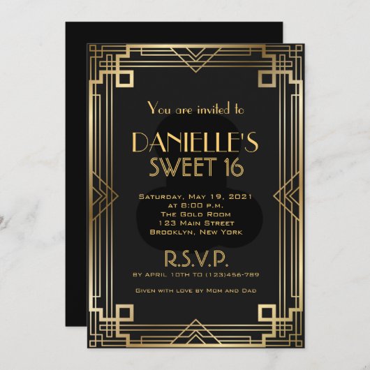 Invitation pour un Sweet 16 inspiré de l'Art Déco (Devant / Derrière)