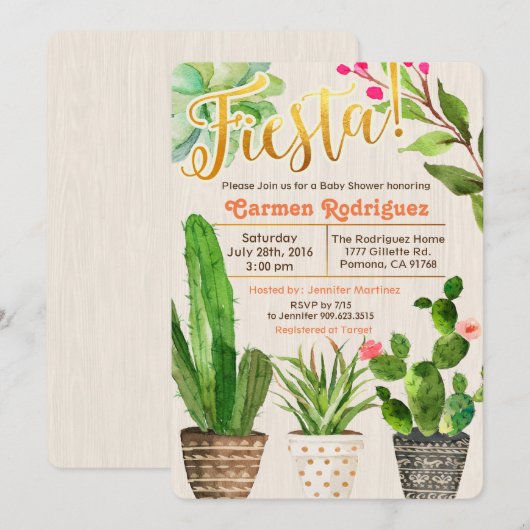 Invitation pour une Baby Shower au thème de Cactus (Devant / Derrière)