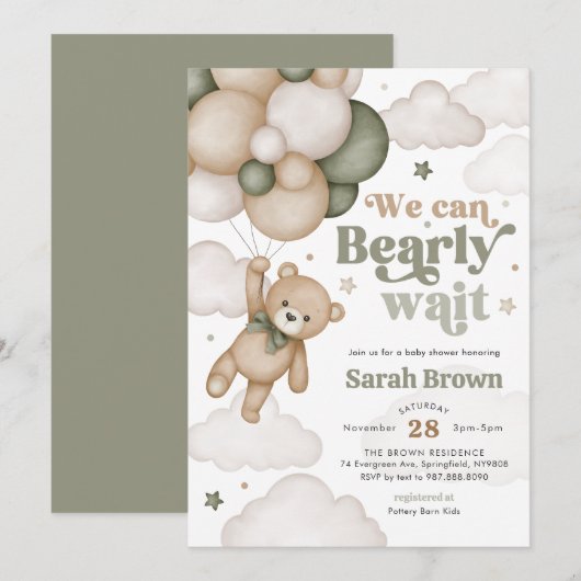 Invitation pour une Baby Shower avec un Ours Vert (Devant / Derrière)