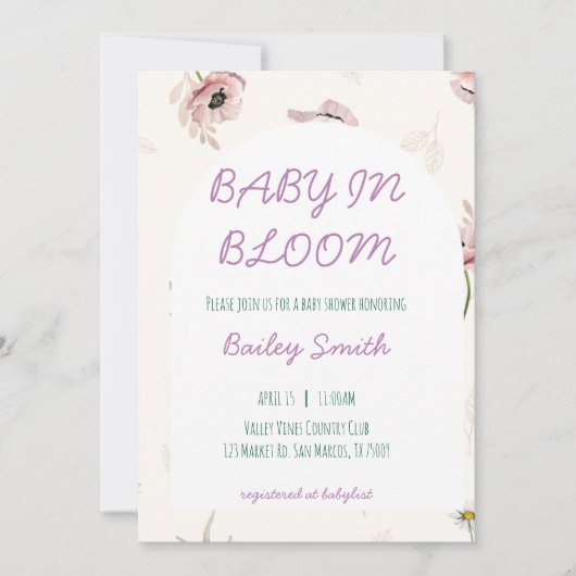 Invitation pour une baby shower "Bébé en fleurs" (Devant)