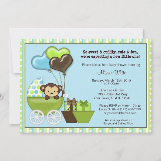 Invitation pour une Baby Shower Carrosse de Singe (Devant)
