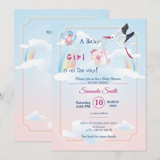 invitation pour une baby shower, c'est une fille (Devant / Derrière)