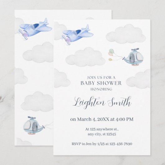 Invitation pour une baby shower d'avion (Devant / Derrière)