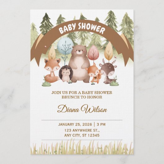 Invitation pour une Baby Shower en Forêt de Bois (Devant)