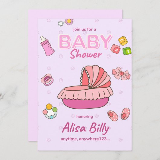Invitation pour une baby shower fille, rose (Devant / Derrière)