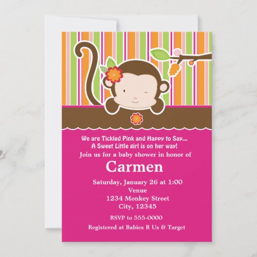 Invitation pour une Baby Shower Fille Singe Peek A (Devant)