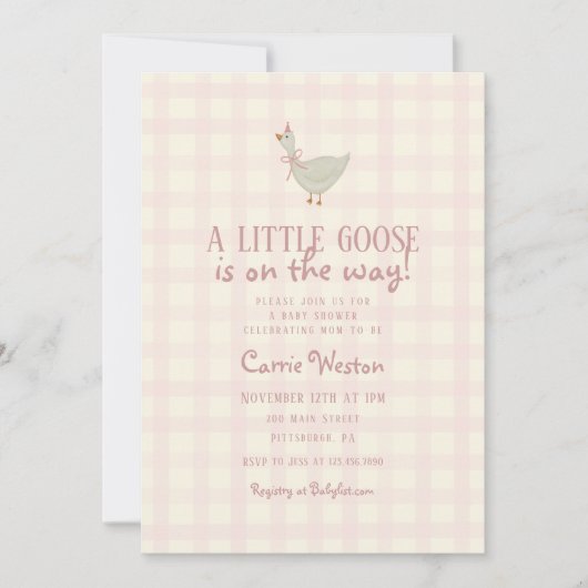 Invitation pour une Baby Shower Fille Thème Oie (Devant)