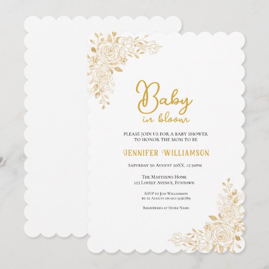 Invitation pour une baby shower florale, tons doré (Devant / Derrière)