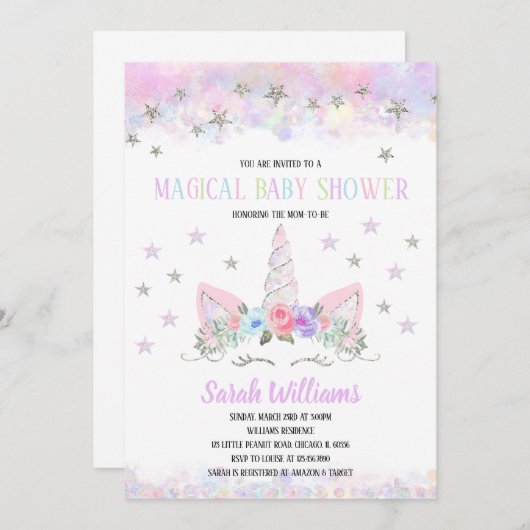 Invitation pour une Baby Shower Licorne Arc-en-Cie (Devant / Derrière)