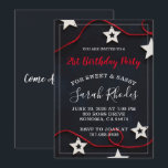 Invitation pour une fête d'anniversaire 21 ans Red<br><div class="desc">Une invitation de fête d'anniversaire moderne et fantaisiste unique pour une jeune fille avec une invitation douce et impertinente, des étoiles blanches et une ficelle rouge sur fond noir, avec une police de caractères script blanche tendance. Personnalisez pour n'importe quel âge. Un thème de couleur de design rouge sur noir...</div>