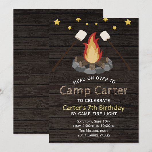 Invitation pour une fête d'anniversaire avec campi (Devant / Derrière)