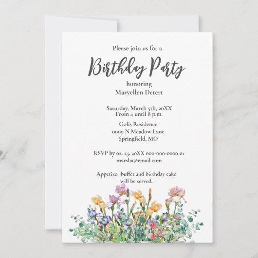 Invitation pour une fête d'anniversaire avec iris (Devant)