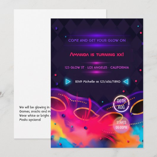 Invitation pour une fête d'anniversaire avec néon (Devant / Derrière)