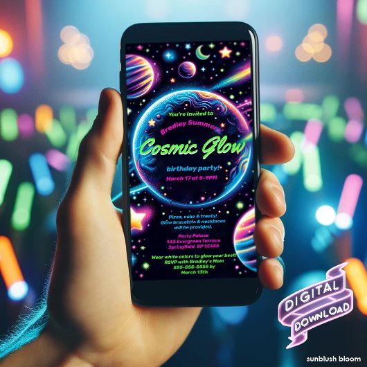 Invitation pour une fête d'anniversaire Cosmic Glo