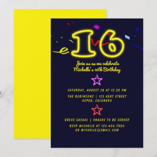 Invitation pour une fête d'anniversaire de 16 ans (Devant / Derrière)