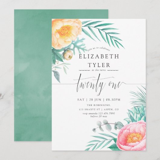 Invitation pour une fête d'anniversaire de 21 ans  (Devant / Derrière)