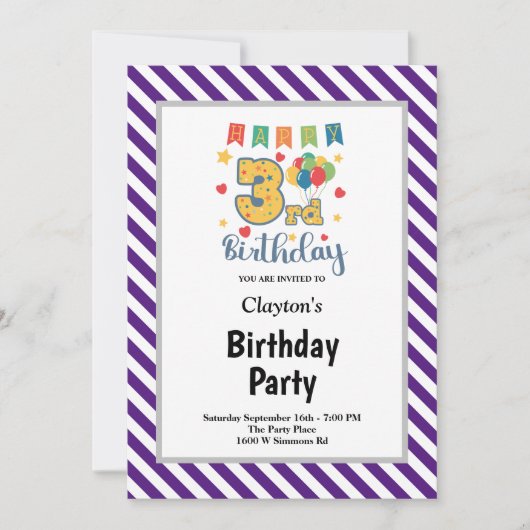Invitation pour une fête d'anniversaire de 3 ans e (Devant)
