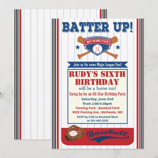 Invitation pour une fête d'anniversaire de basebal (Devant / Derrière)
