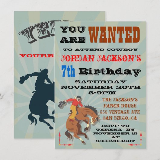 Invitation pour une fête d'anniversaire de cow-boy (Devant / Derrière)