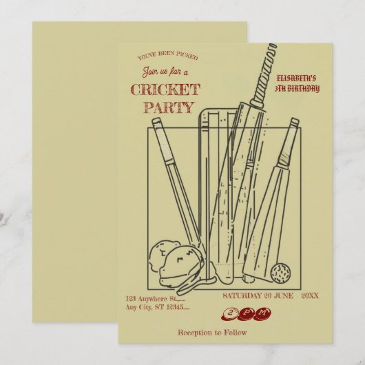 Invitation pour une fête d'anniversaire de cricket (Devant / Derrière)