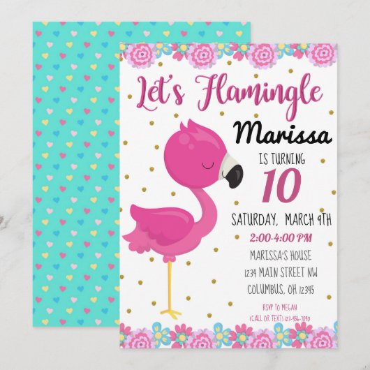 Invitation pour une fête d'anniversaire de flamant (Devant / Derrière)