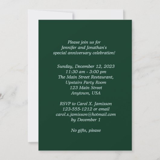 Invitation pour une fête d'anniversaire de mariage (Dos)