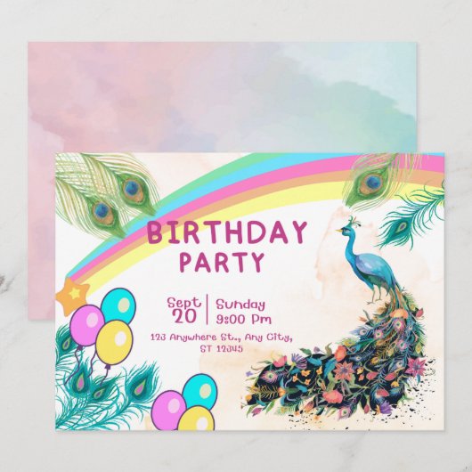 Invitation pour une fête d'anniversaire de paon (Devant / Derrière)