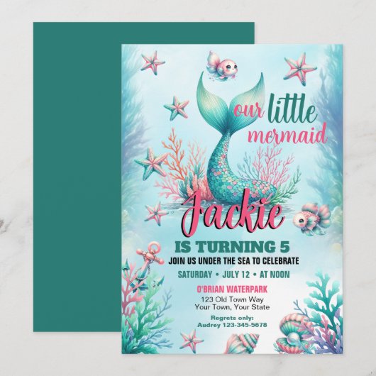 Invitation pour une fête d'anniversaire de sirène (Devant / Derrière)