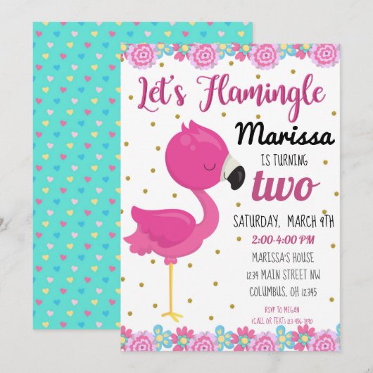 Invitation pour une fête d'anniversaire Flamant, F (Devant / Derrière)