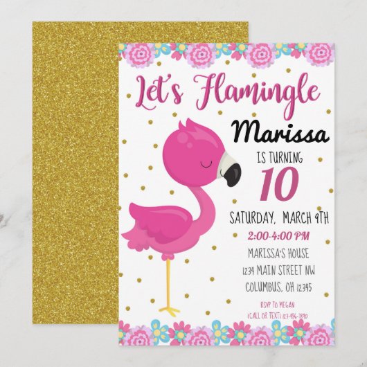 Invitation pour une fête d'anniversaire Flamant, F (Devant / Derrière)