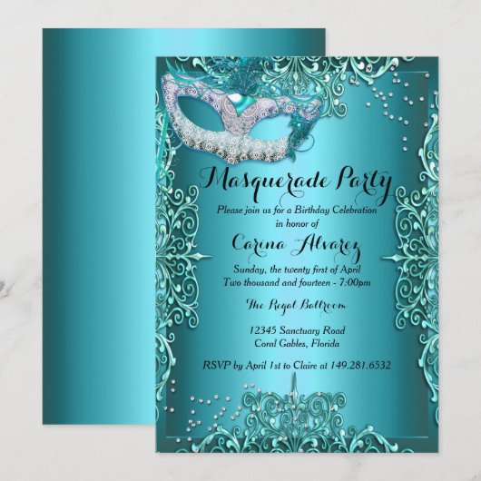 Invitation pour une fête d'anniversaire Masquerade (Devant / Derrière)