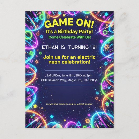 Invitation pour une fête d'anniversaire Neon Glow  (Devant)