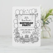 Invitation pour une fête d'anniversaire noir et bl (Debout devant)