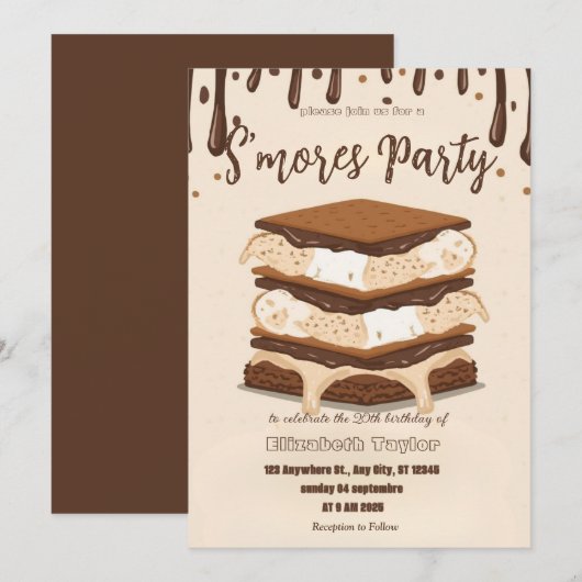 Invitation pour une fête d'anniversaire S'mores – (Devant / Derrière)