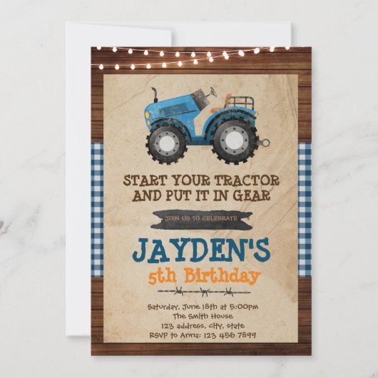 Invitation pour une fête d'anniversaire tracteur b (Devant)