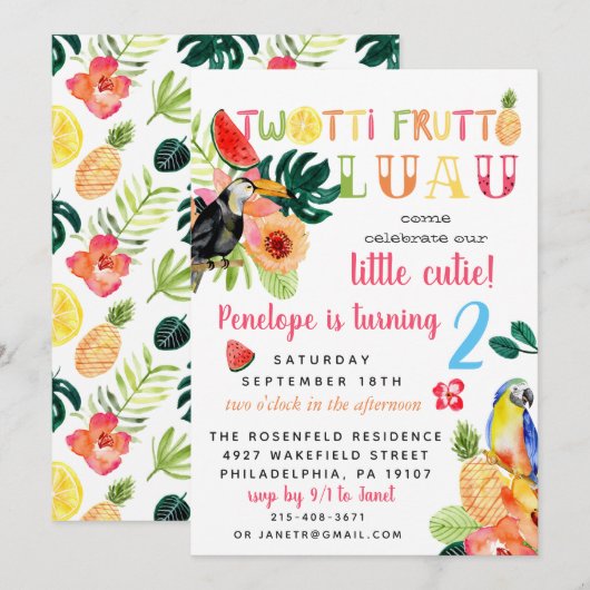 Invitation pour une fête d'anniversaire Twotti Fru (Devant / Derrière)