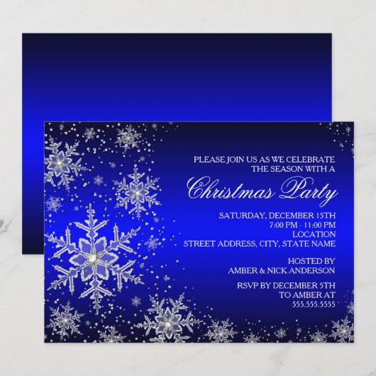 Invitation pour une fête de Noël bleue avec flocon (Devant / Derrière)