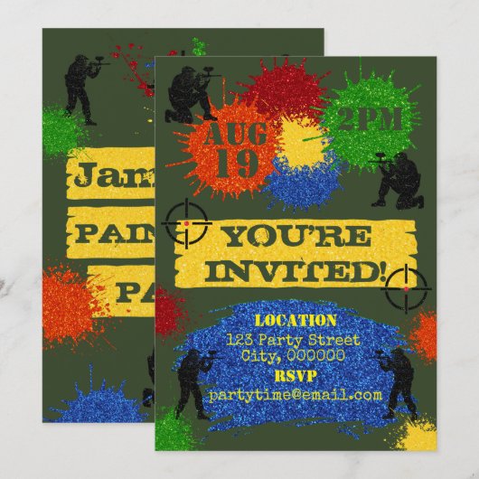 Invitation pour une fête de paintball à paillettes (Devant / Derrière)