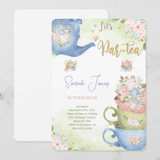 Invitation pour une fête de thé d'anniversaire 2 a (Devant / Derrière)