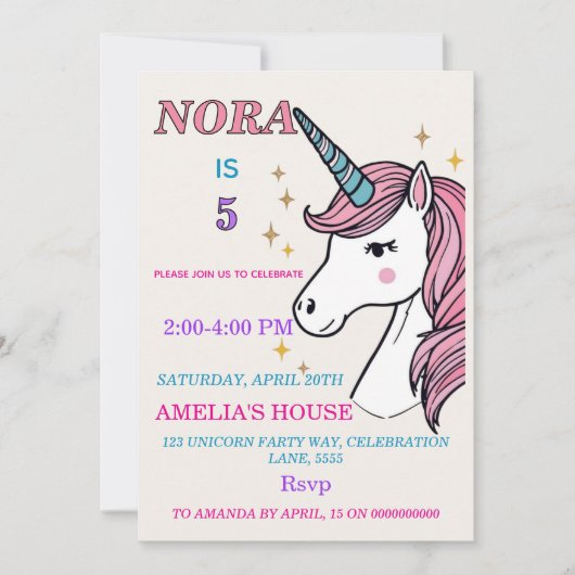 Invitation pour une fête magique de licorne fantai (Devant)