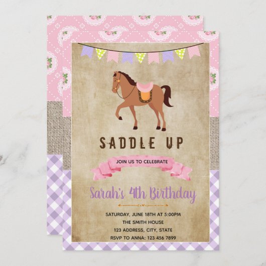 Invitation pour une fête shabby chic rose avec un  (Devant / Derrière)